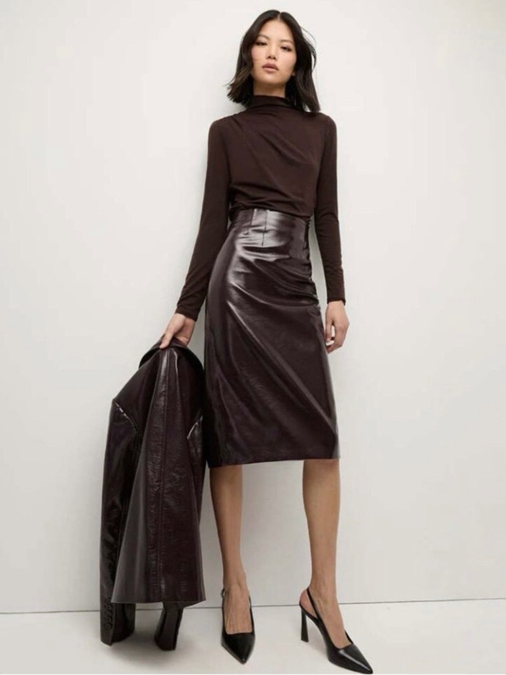 Veronica Beard Holmes Faux Leather Pencil Skirt Size 8 Burgundy